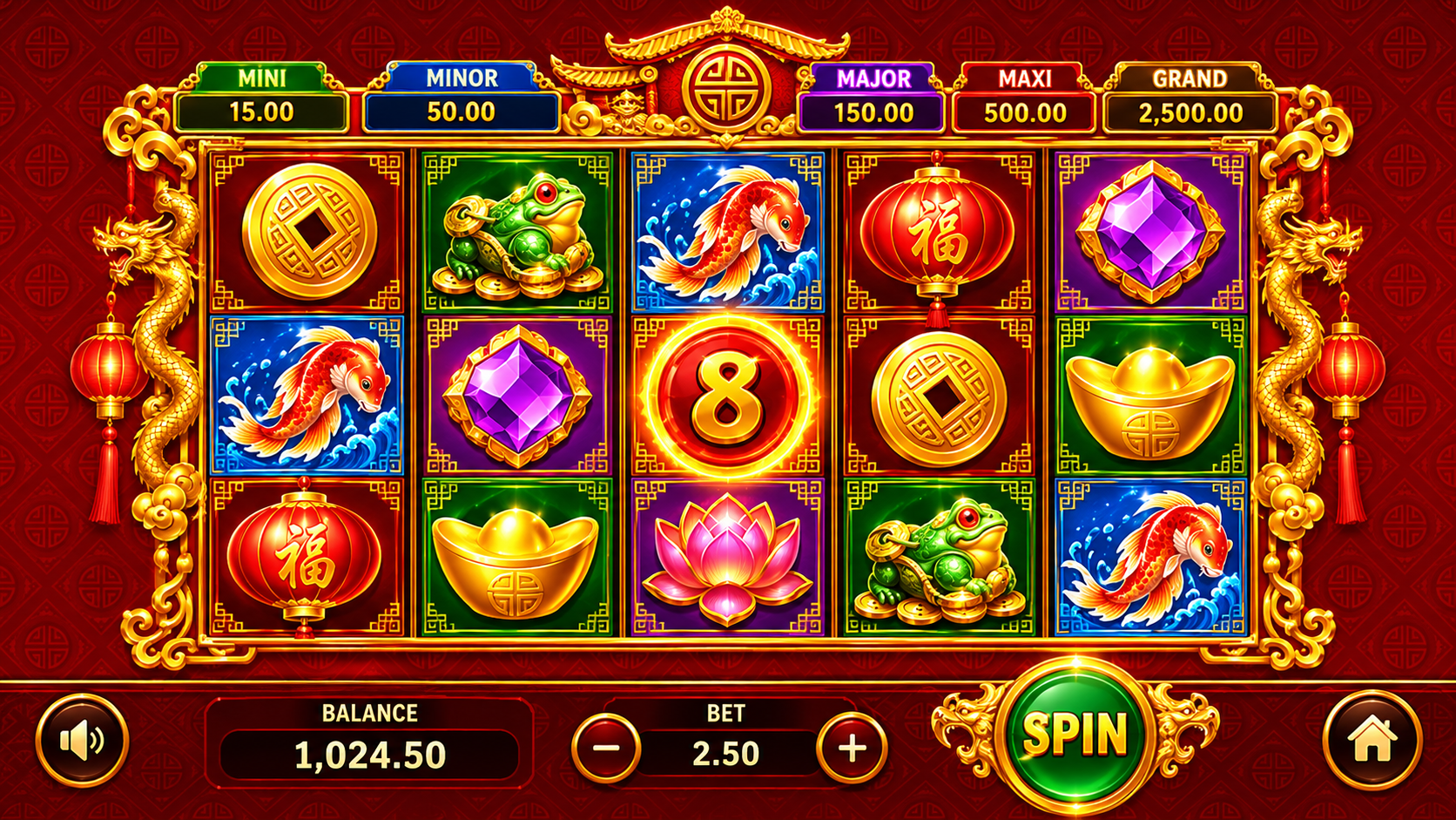 Golden Dragon gameplay screen with reels and player controls