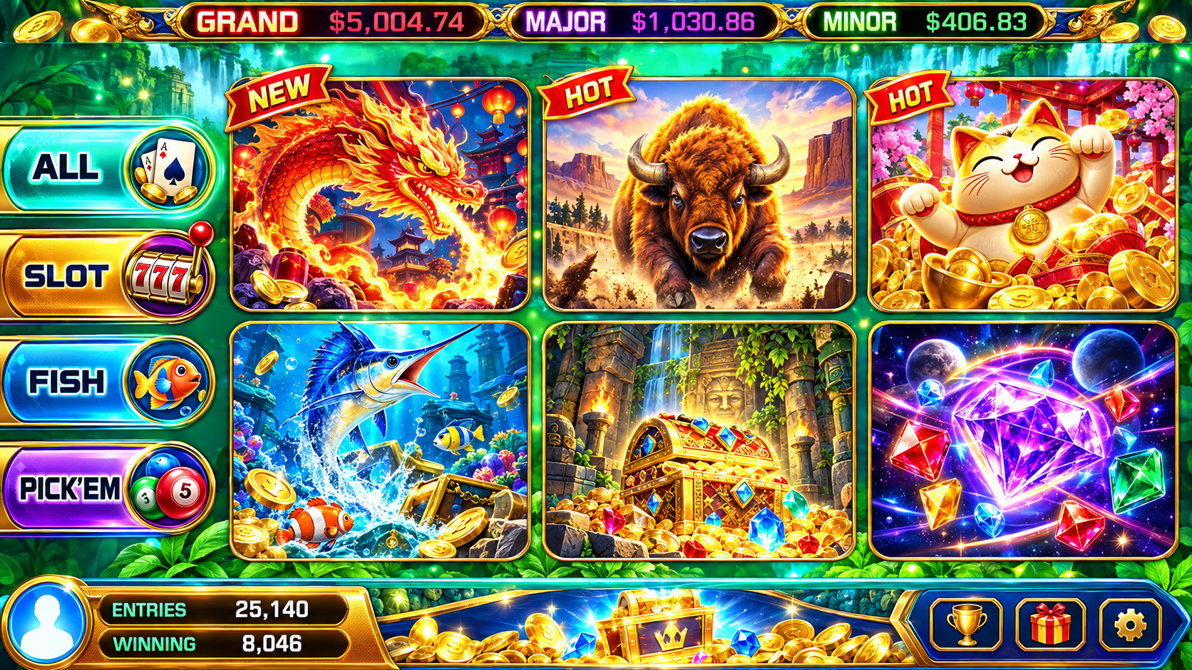 Golden Dragon game selection menu showing game categories